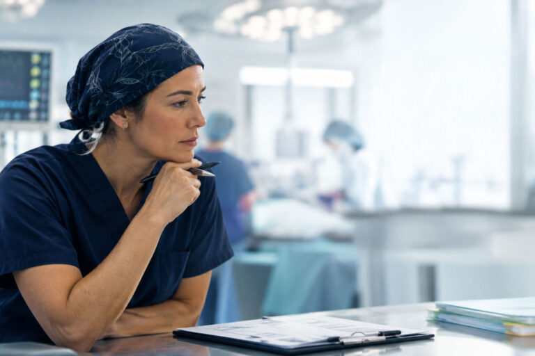 Clinician at a table reviewing papers